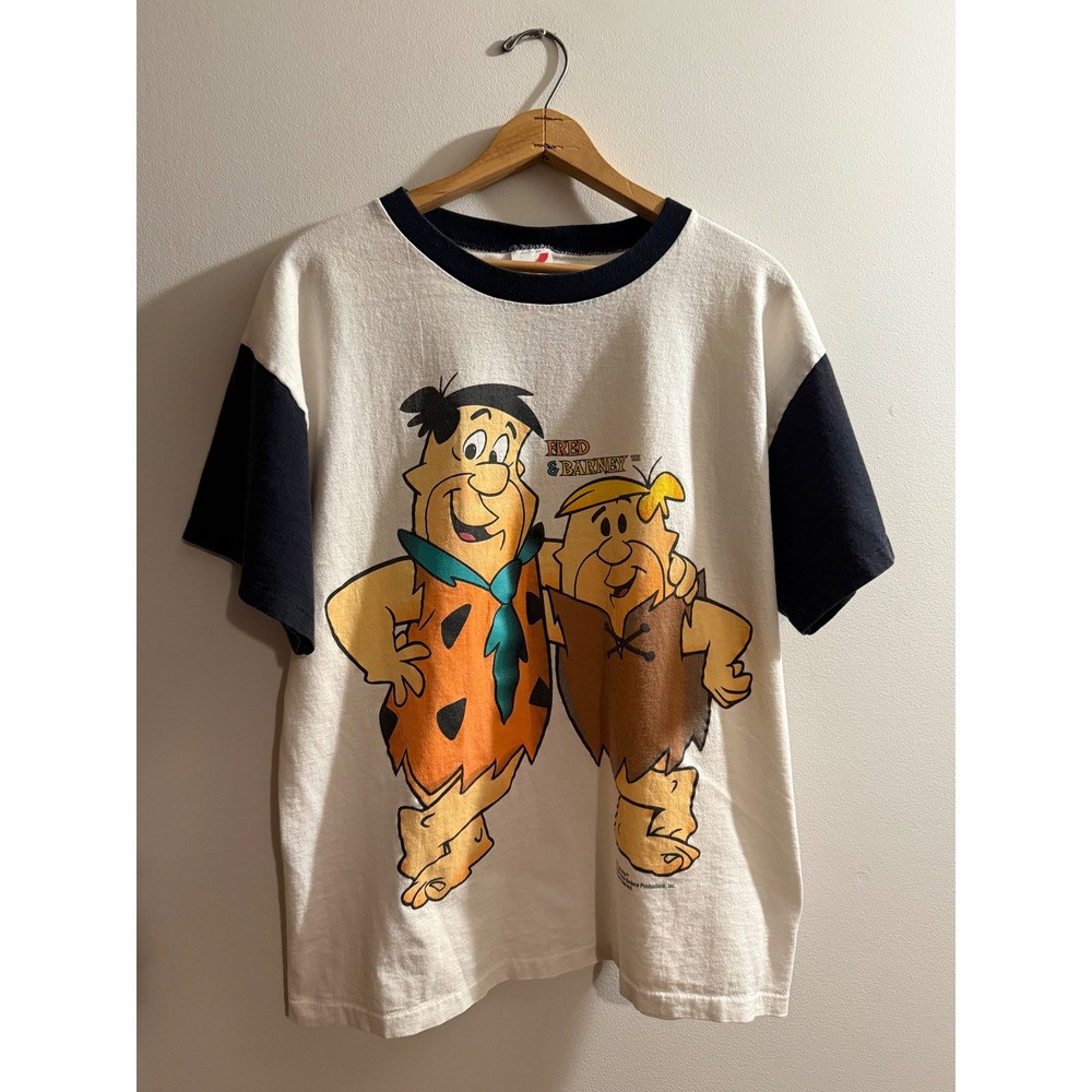 Vintage 1994 Flintstones Fred Barney Artex Ringer T-Shirt Single Stitch Mens L